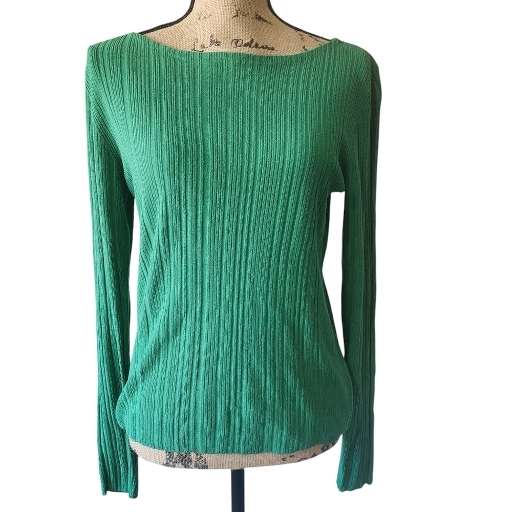 Theory Ribbed Emerald Long Sleeve Crew Neck Pullover Lightweight Sweater - Large